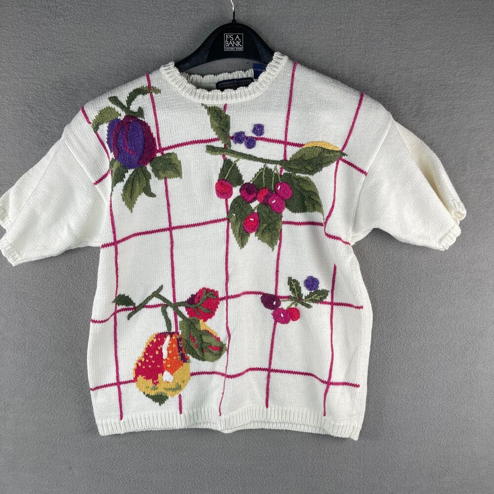 Herman Geist Hand Embroidered Fruit Theme White Women's L Short Sleeve Sweater